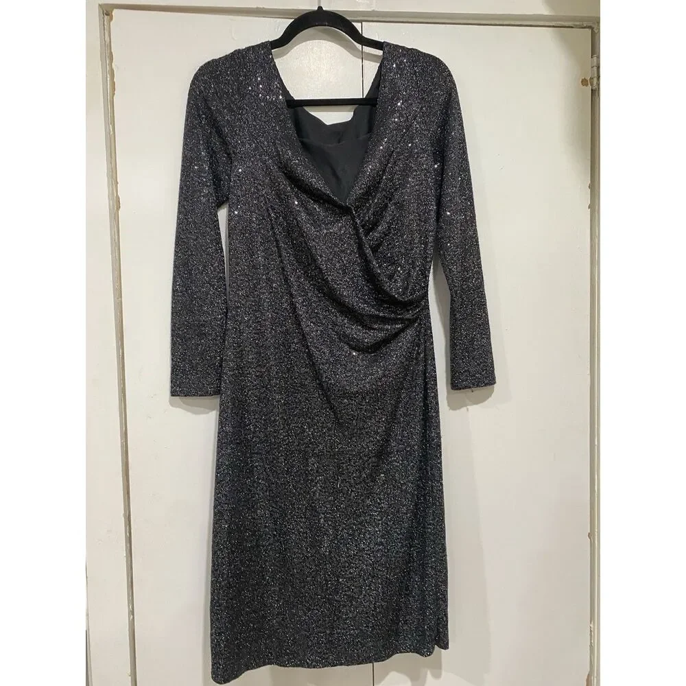 Carmen Marc Valvo Dress Sz 8 Black Silver Beaded Neck Sequin Cocktail Midi - Picture 5 of 12